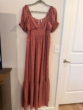 Pinkblush Coral Pink Floral Puff-Sleeve Maxi Dress